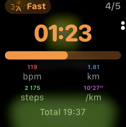 Watch face during a brisk interval, counting down the three minutes.