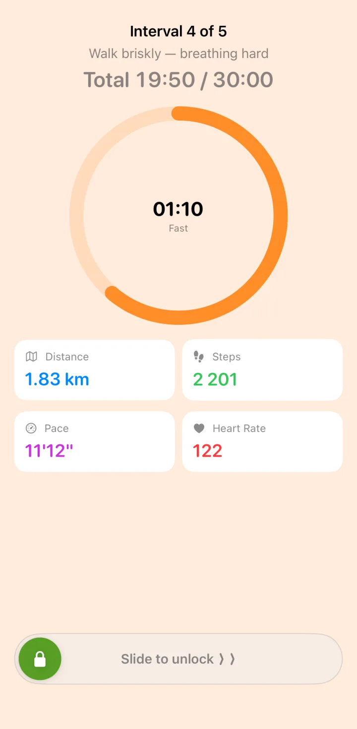 The IWT app part-way through a brisk interval, showing time remaining, distance, steps, pace and heart rate.